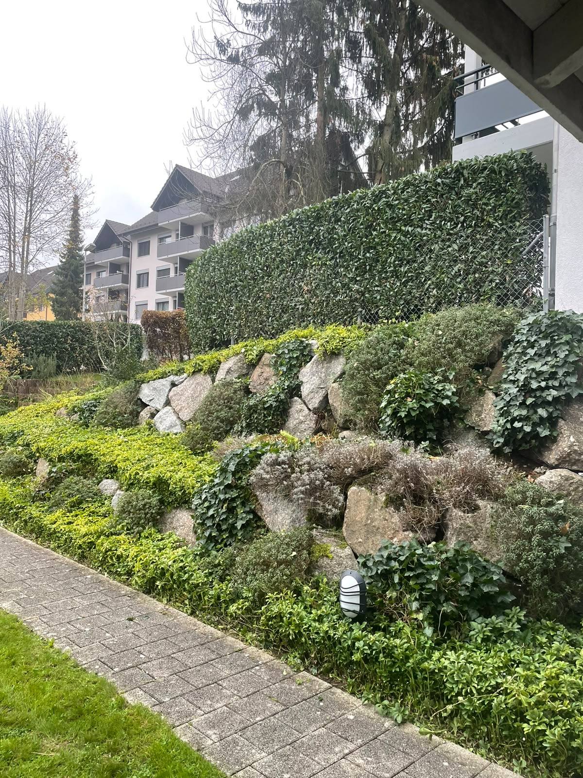 Gepflegte Böschung mit Bepflanzung und Bodendeckern