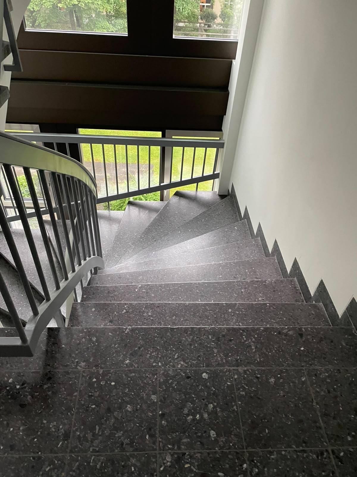 Gereinigtes Treppenhaus mit Granitstufen und Blick ins Grüne